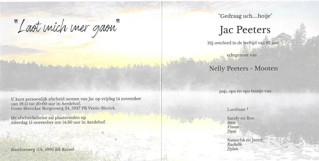 Overlijdensbericht Jac Peeters