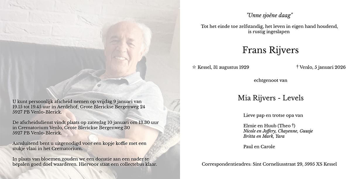 Overlijdensbericht Frans Rijvers